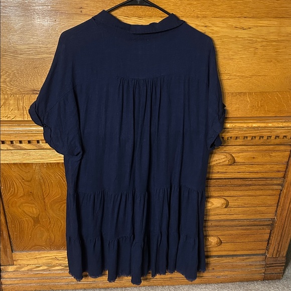 Umgee Full Size Raw Hem Folded Sleeve Tiered Linen Blend Flowy Babydoll Dress - Picture 3 of 11